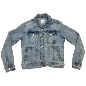 Zara Women's Denim Jacket Size S Distrssed Grunge Rocker Fall Festival Y2K Punk